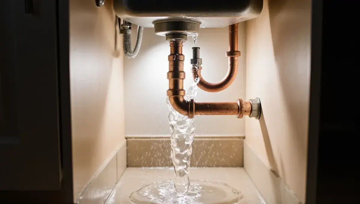 Copper pipe under a kitchen sink leaking water onto the cabinet floor