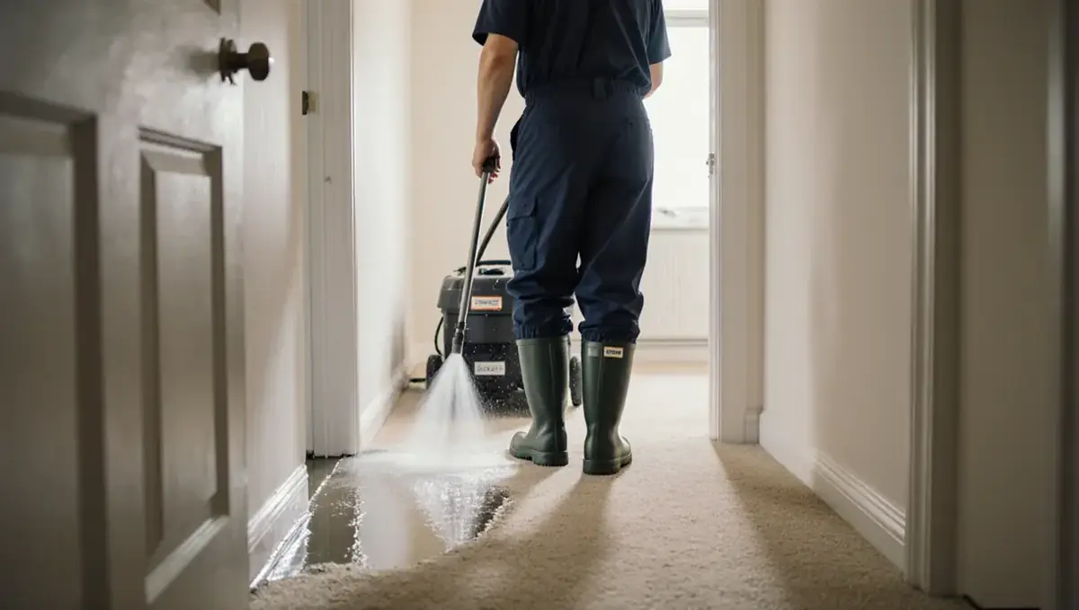 Restoration worker extracting water from a soaked carpet in a home hallway